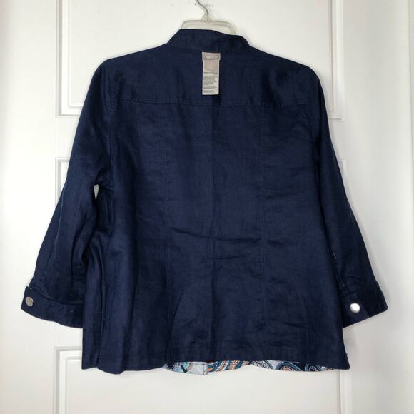 Chico's Wms 1/Med Blue Print 100% Linen Snap Front Jacket Reversible Boho Artsy - Picture 9 of 11